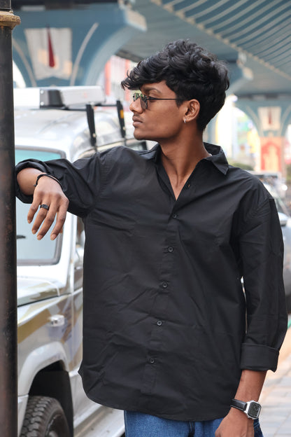 Midnight Black "Street Script" Oversized Button-Down