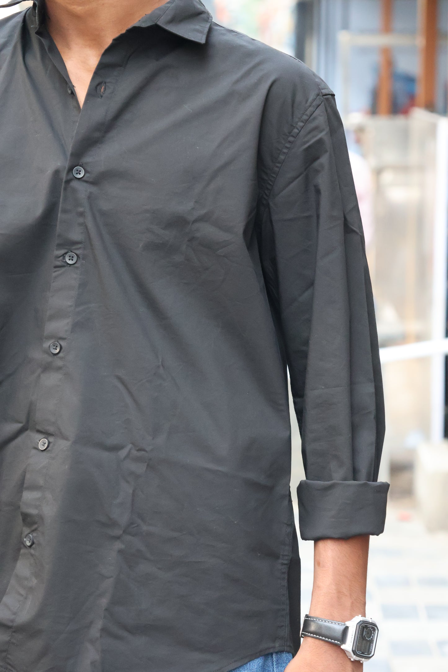 Midnight Black "Street Script" Oversized Button-Down