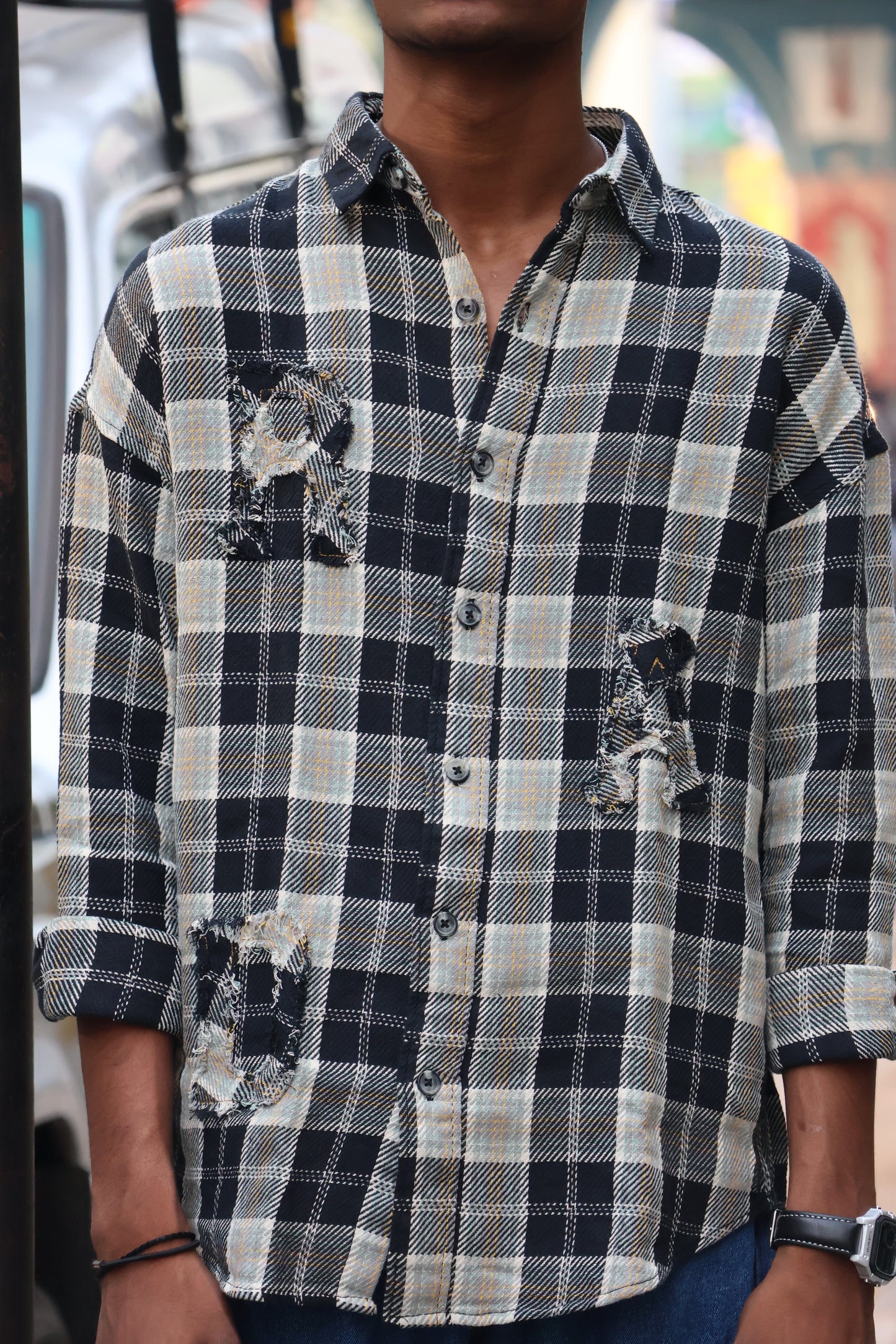 Monotone Distressed "Patchwork" Flannel