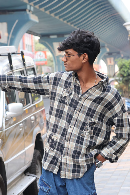 Monotone Distressed "Patchwork" Flannel