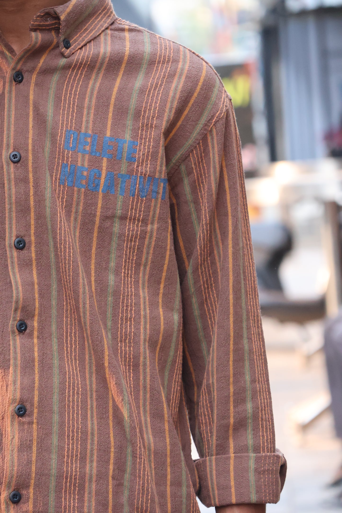 Delete Negativity" Textured Vertical Stripe Button-Down shirt