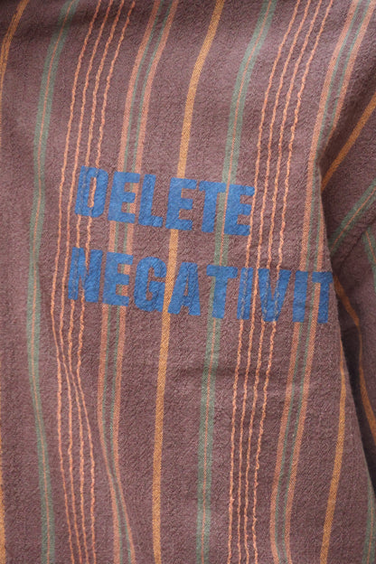 Delete Negativity" Textured Vertical Stripe Button-Down shirt