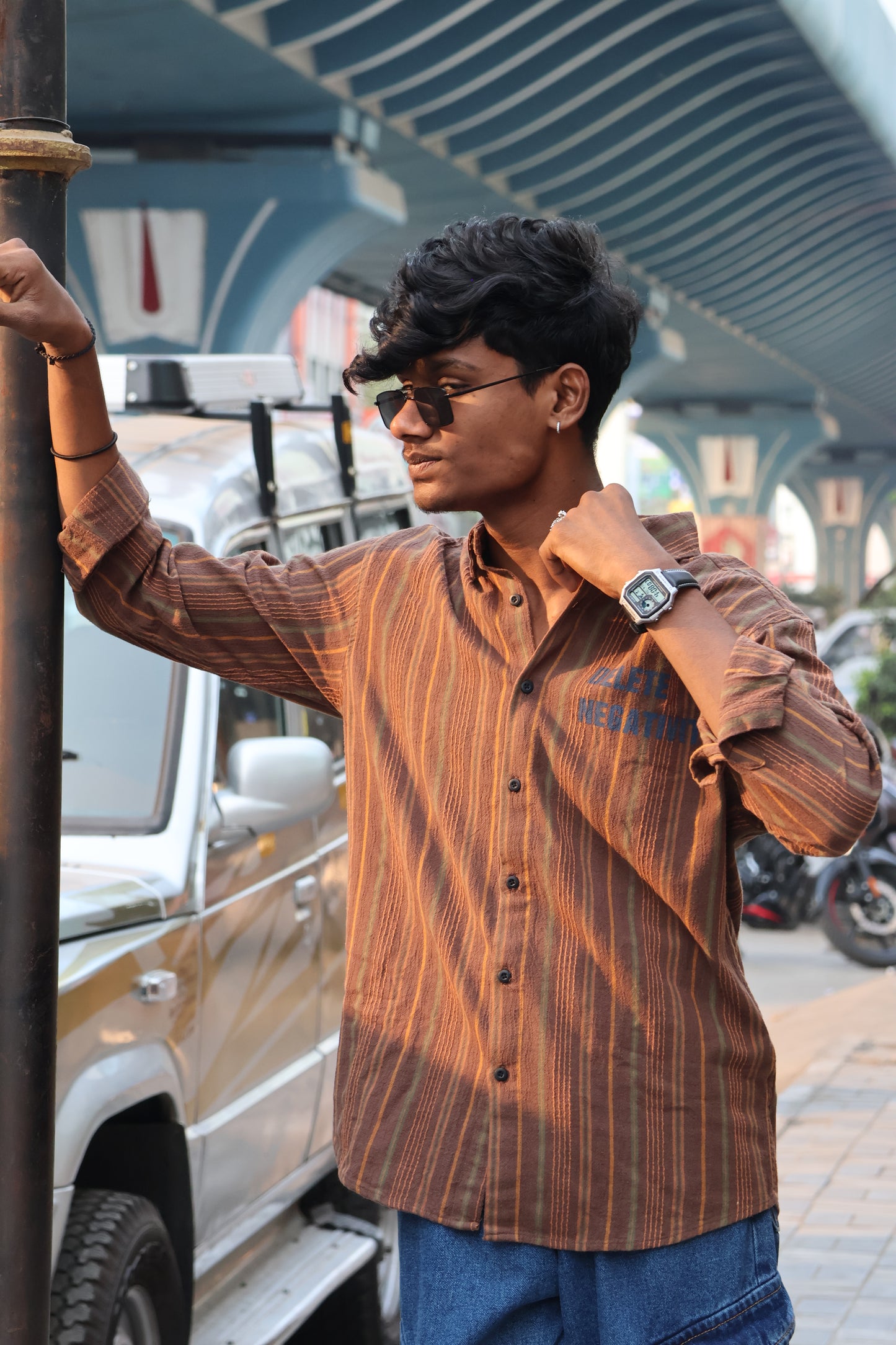 Delete Negativity" Textured Vertical Stripe Button-Down shirt