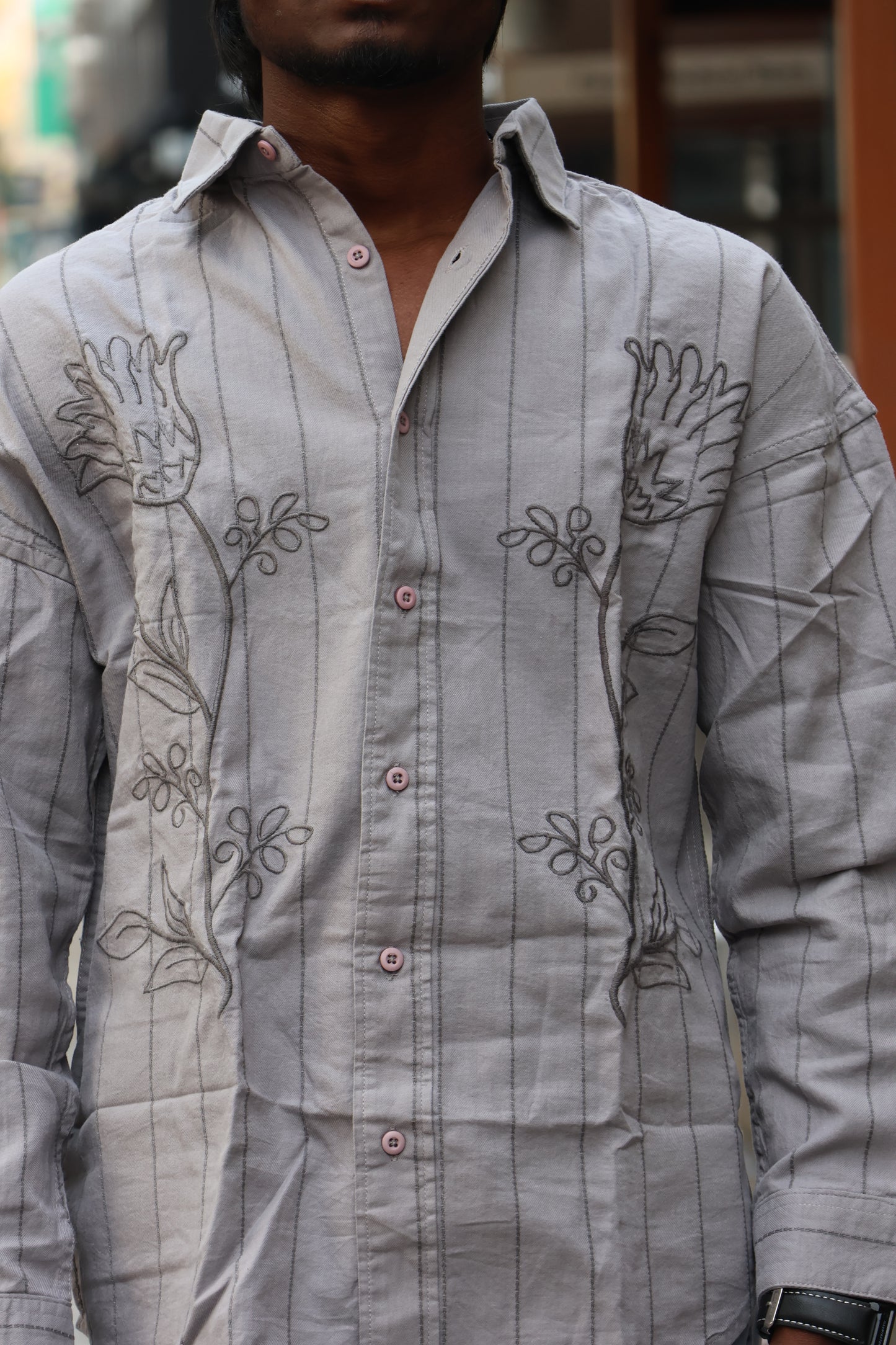 Grey Floral Embroidered Striped Shirt – Modern Statement Wear