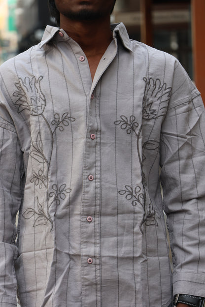 Grey Floral Embroidered Striped Shirt – Modern Statement Wear