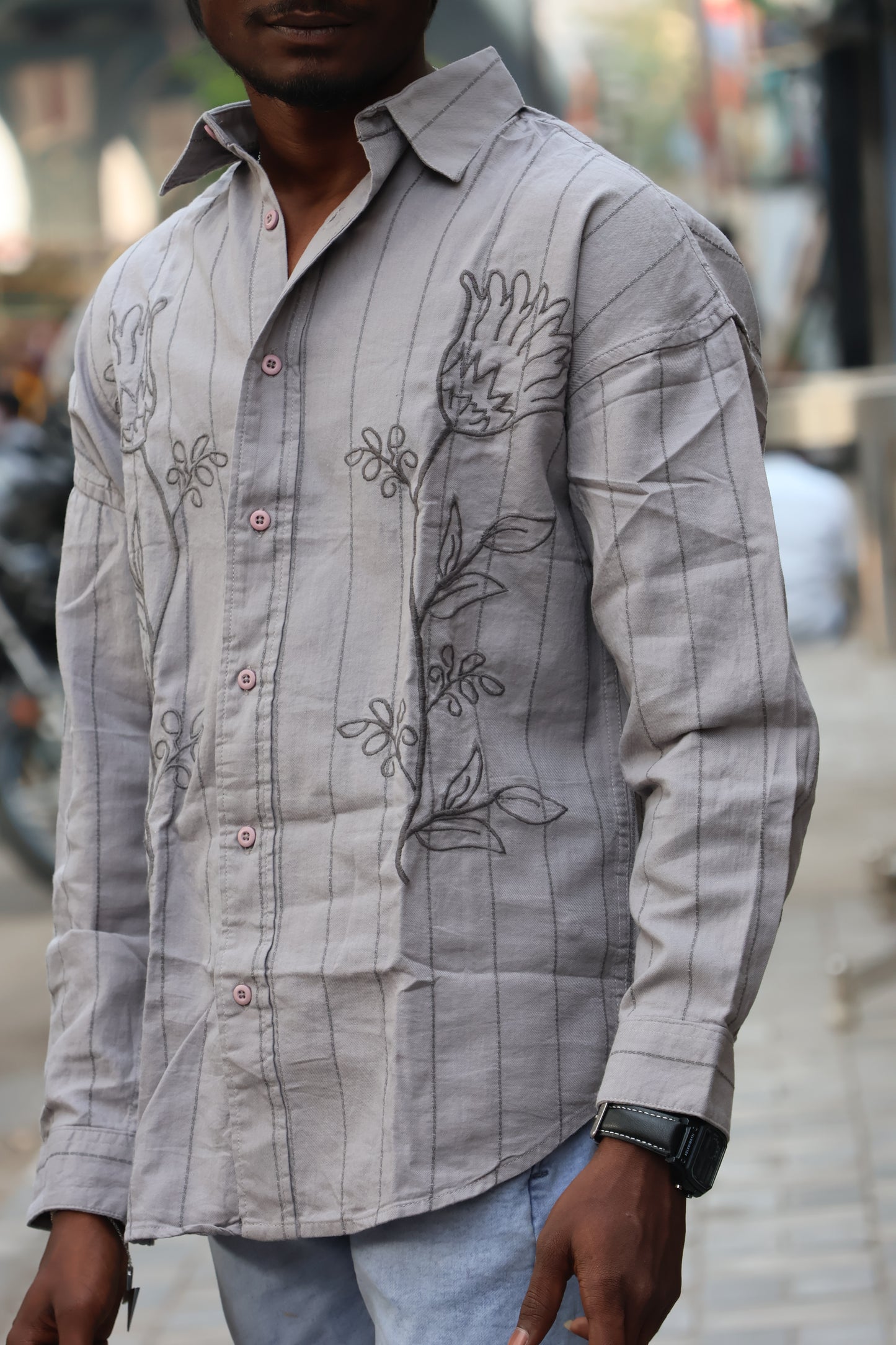 Grey Floral Embroidered Striped Shirt – Modern Statement Wear