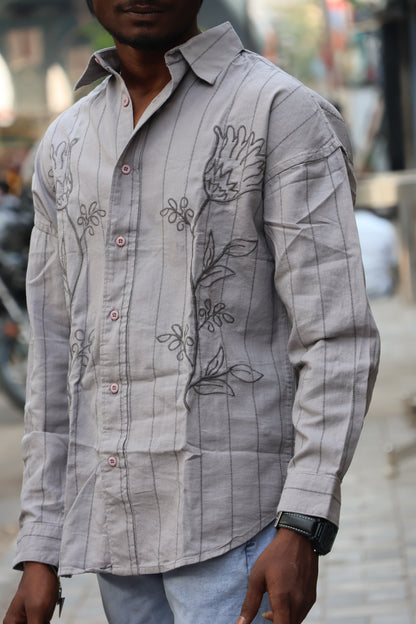Grey Floral Embroidered Striped Shirt – Modern Statement Wear