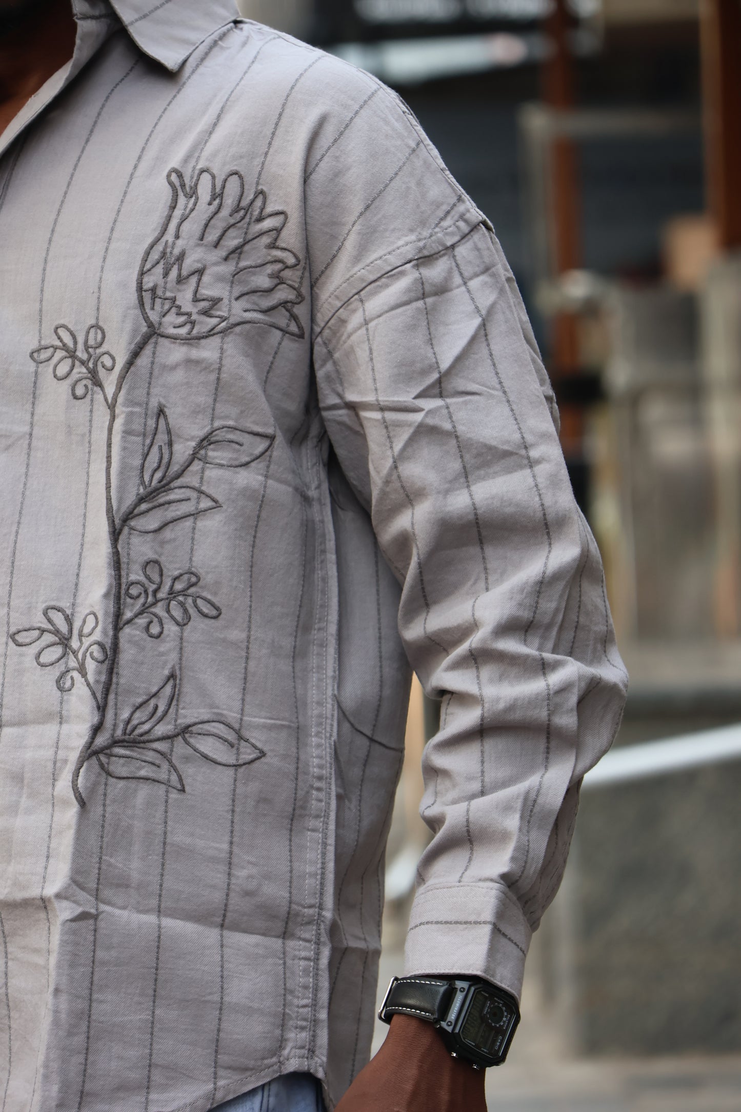 Grey Floral Embroidered Striped Shirt – Modern Statement Wear