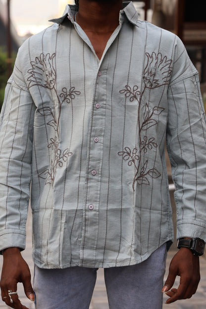 Sage Green Floral Embroidered Striped Shirt – Contemporary Designer Fit