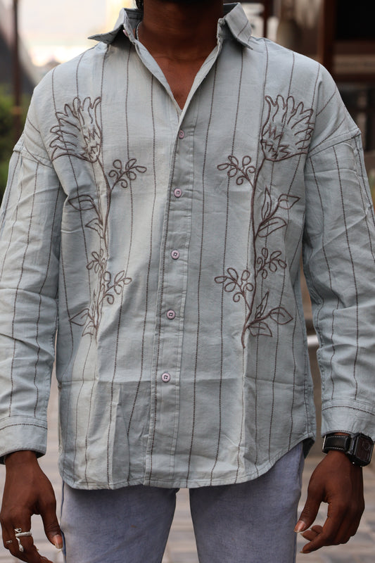 Sage Green Floral Embroidered Striped Shirt – Contemporary Designer Fit