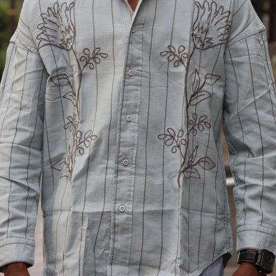 Sage Green Floral Embroidered Striped Shirt – Contemporary Designer Fit