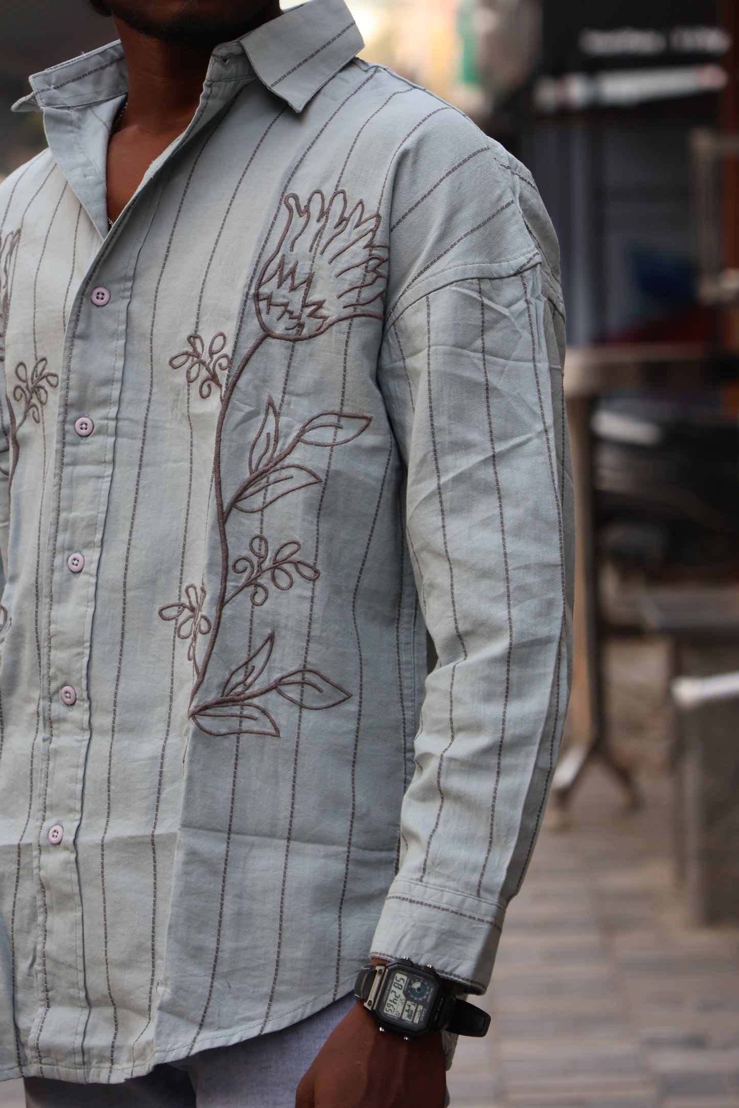 Sage Green Floral Embroidered Striped Shirt – Contemporary Designer Fit