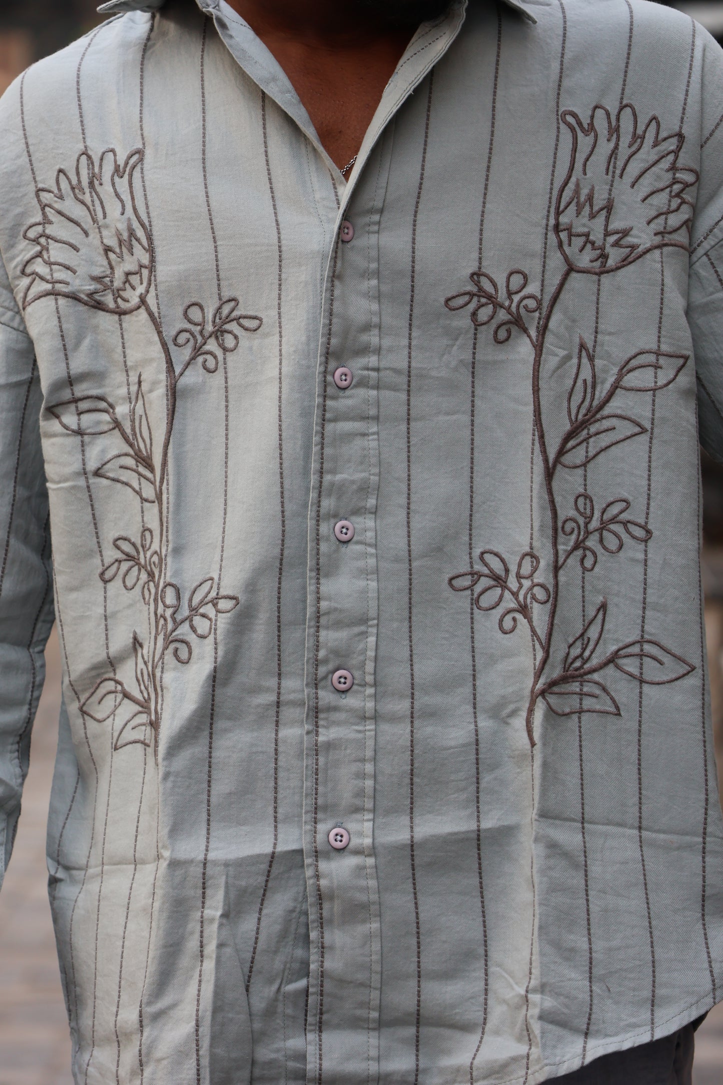 Sage Green Floral Embroidered Striped Shirt – Contemporary Designer Fit