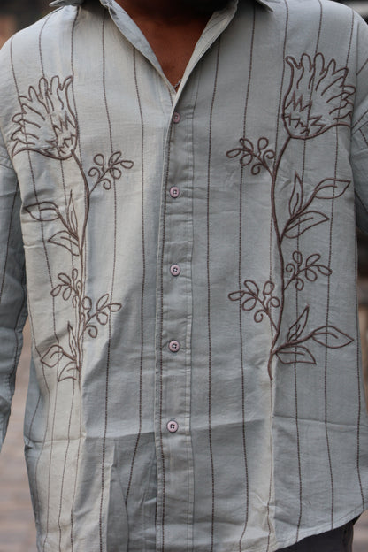 Sage Green Floral Embroidered Striped Shirt – Contemporary Designer Fit