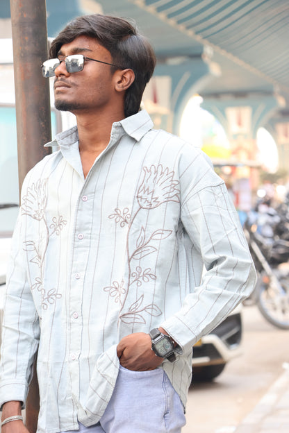 Sage Green Floral Embroidered Striped Shirt – Contemporary Designer Fit
