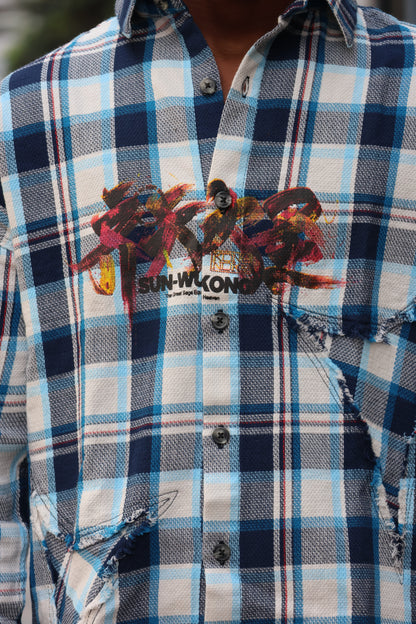 "The Great Sage" Deconstructed Flannel – Cobalt Blue Plaid SHIRT