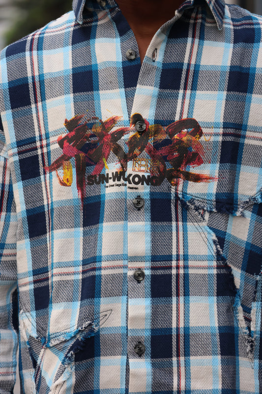 "The Great Sage" Deconstructed Flannel – Cobalt Blue Plaid SHIRT