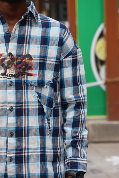 "The Great Sage" Deconstructed Flannel – Cobalt Blue Plaid SHIRT