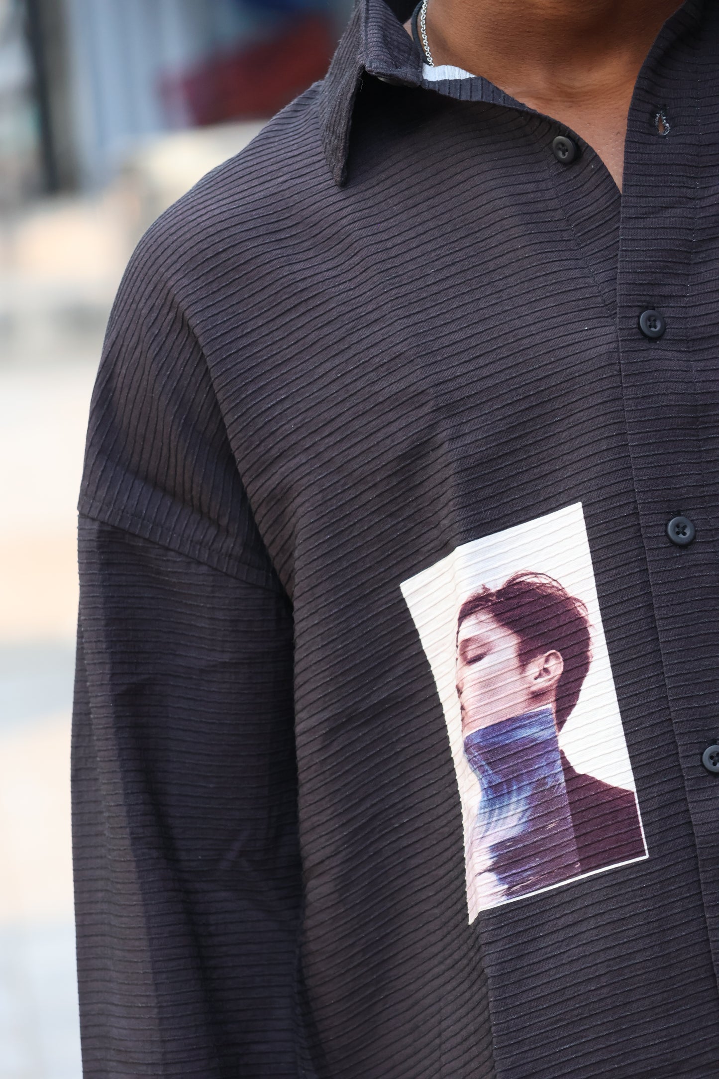 Portrait Series Ribbed Oversized Shirt - Charcoal