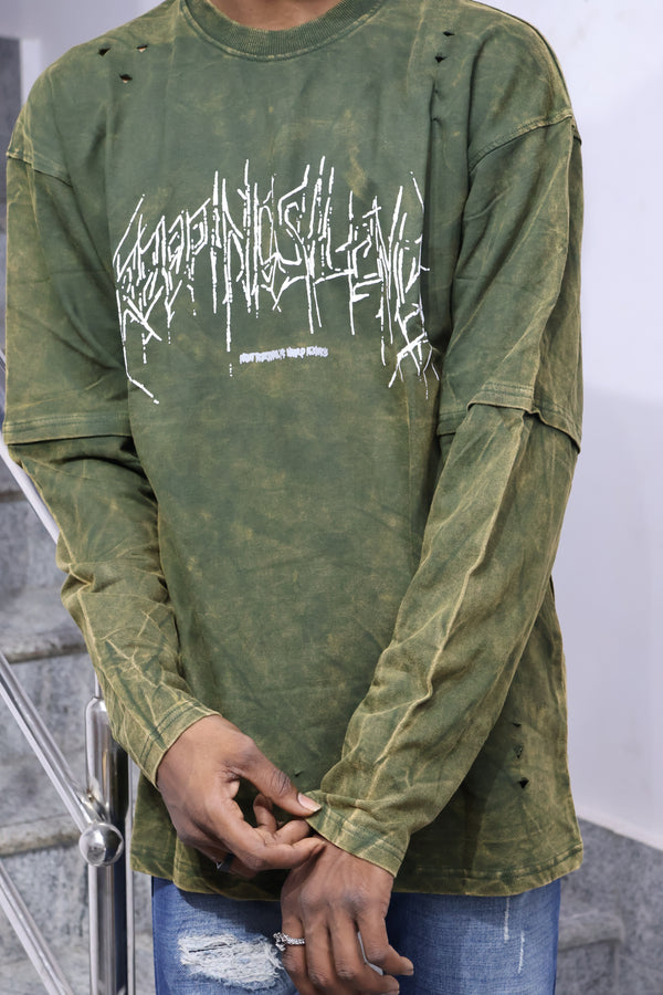 Olive Acid-Wash Distressed Long Sleeve T-Shirt