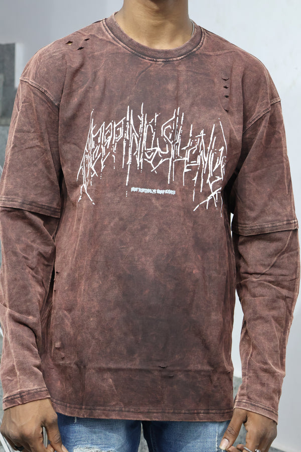 Brown Acid-Wash Distressed Layered Long Sleeve T-Shirt