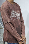 Brown Acid-Wash Distressed Layered Long Sleeve T-Shirt