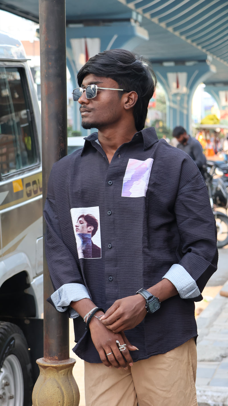 Portrait Series Ribbed Oversized Shirt - Charcoal