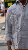 Grey Floral Embroidered Striped Shirt – Modern Statement Wear