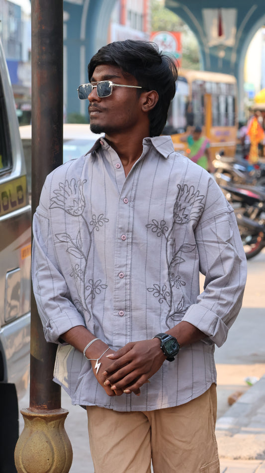 Grey Floral Embroidered Striped Shirt – Modern Statement Wear