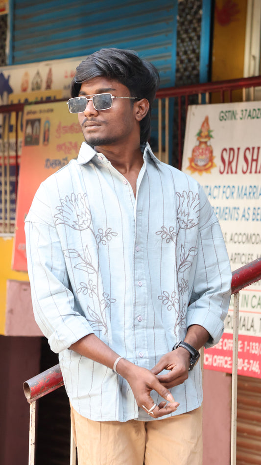 Sage Green Floral Embroidered Striped Shirt – Contemporary Designer Fit