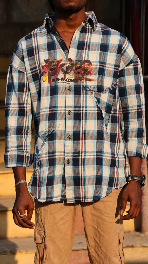 "The Great Sage" Deconstructed Flannel – Cobalt Blue Plaid SHIRT