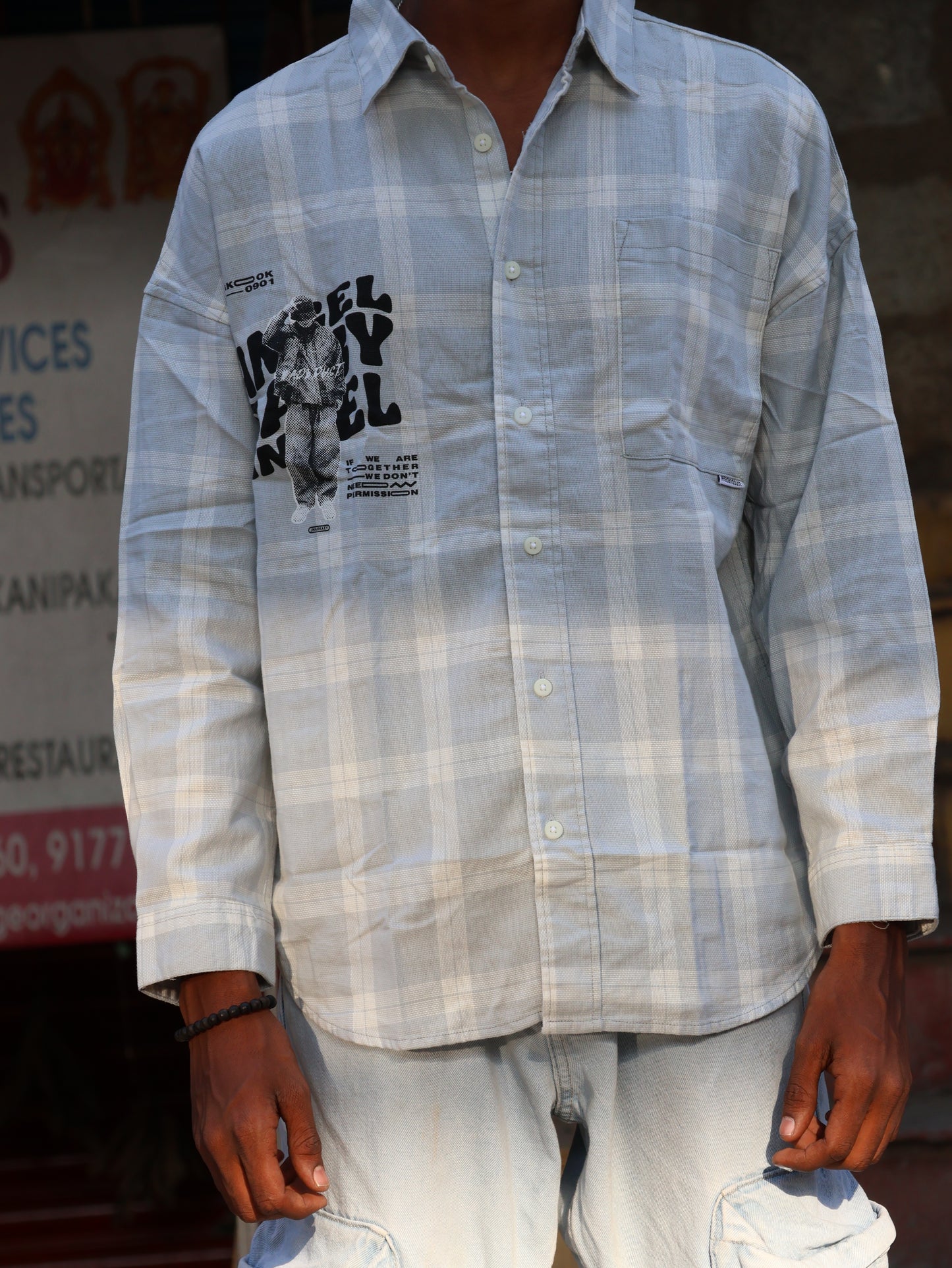 No Permission" Graphic Flannel – Ice Blue Plaid shirt