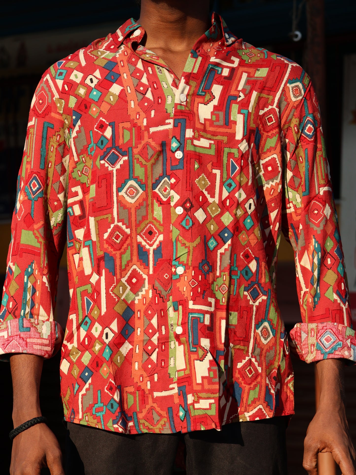 Tribal Fusion Geometric Print Shirt – Crimson & Multi