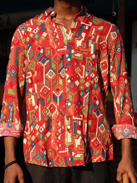 Tribal Fusion Geometric Print Shirt – Crimson & Multi