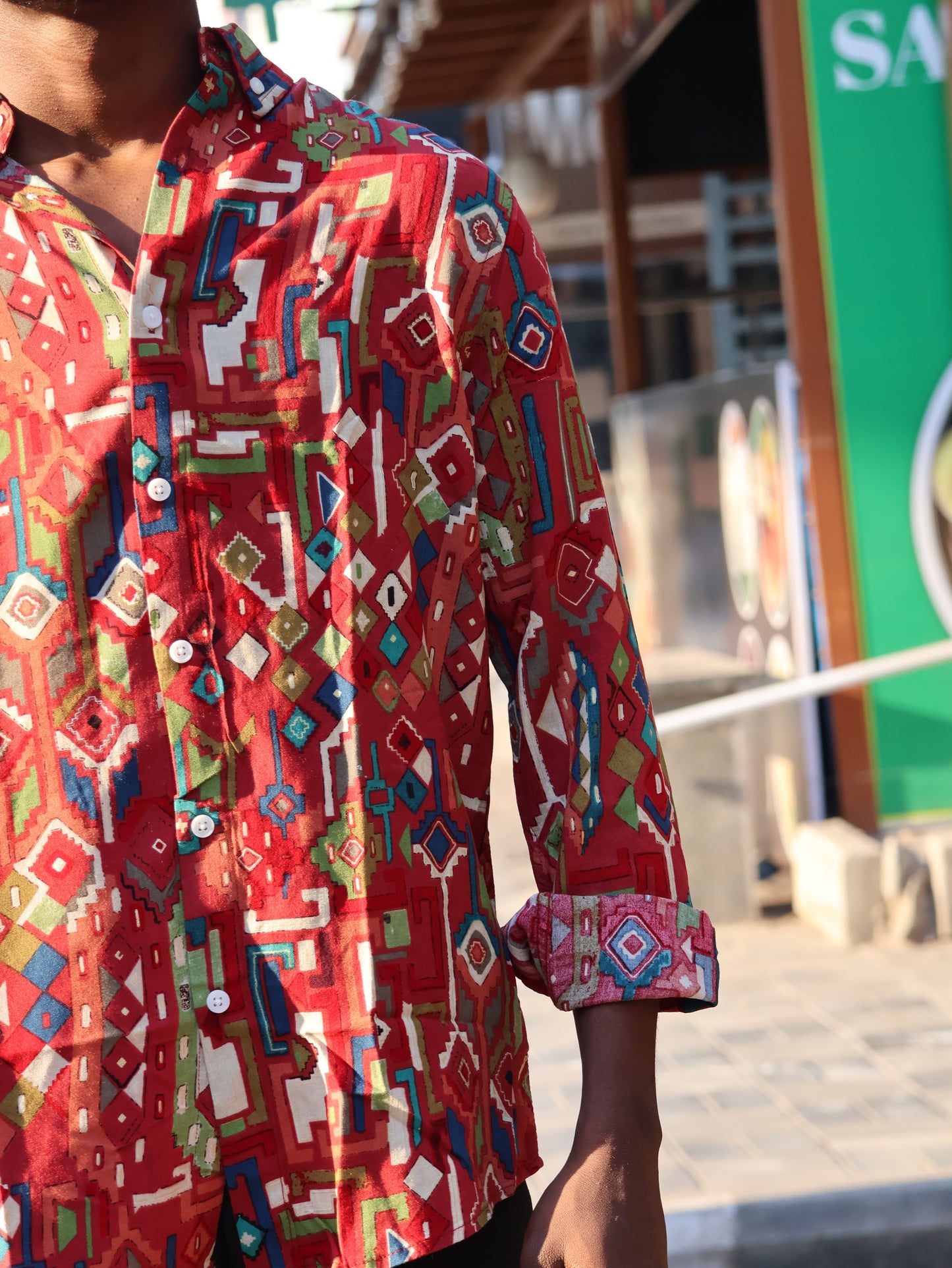 Tribal Fusion Geometric Print Shirt – Crimson & Multi