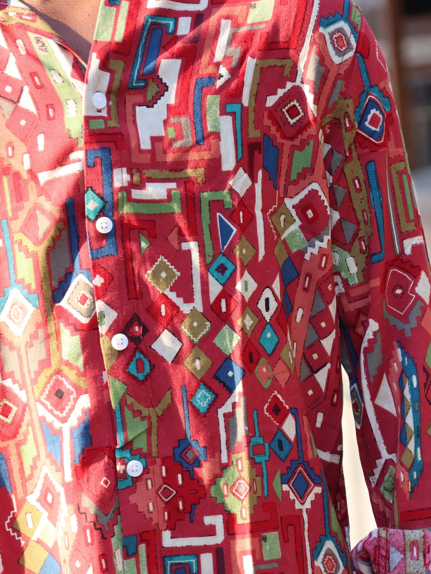 Tribal Fusion Geometric Print Shirt – Crimson & Multi