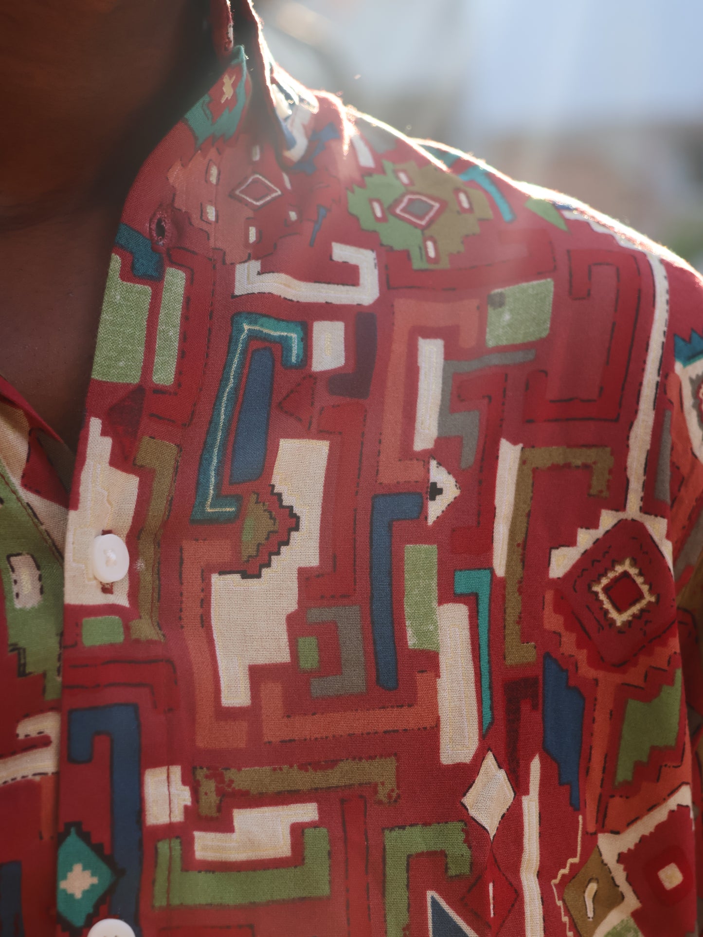 Tribal Fusion Geometric Print Shirt – Crimson & Multi