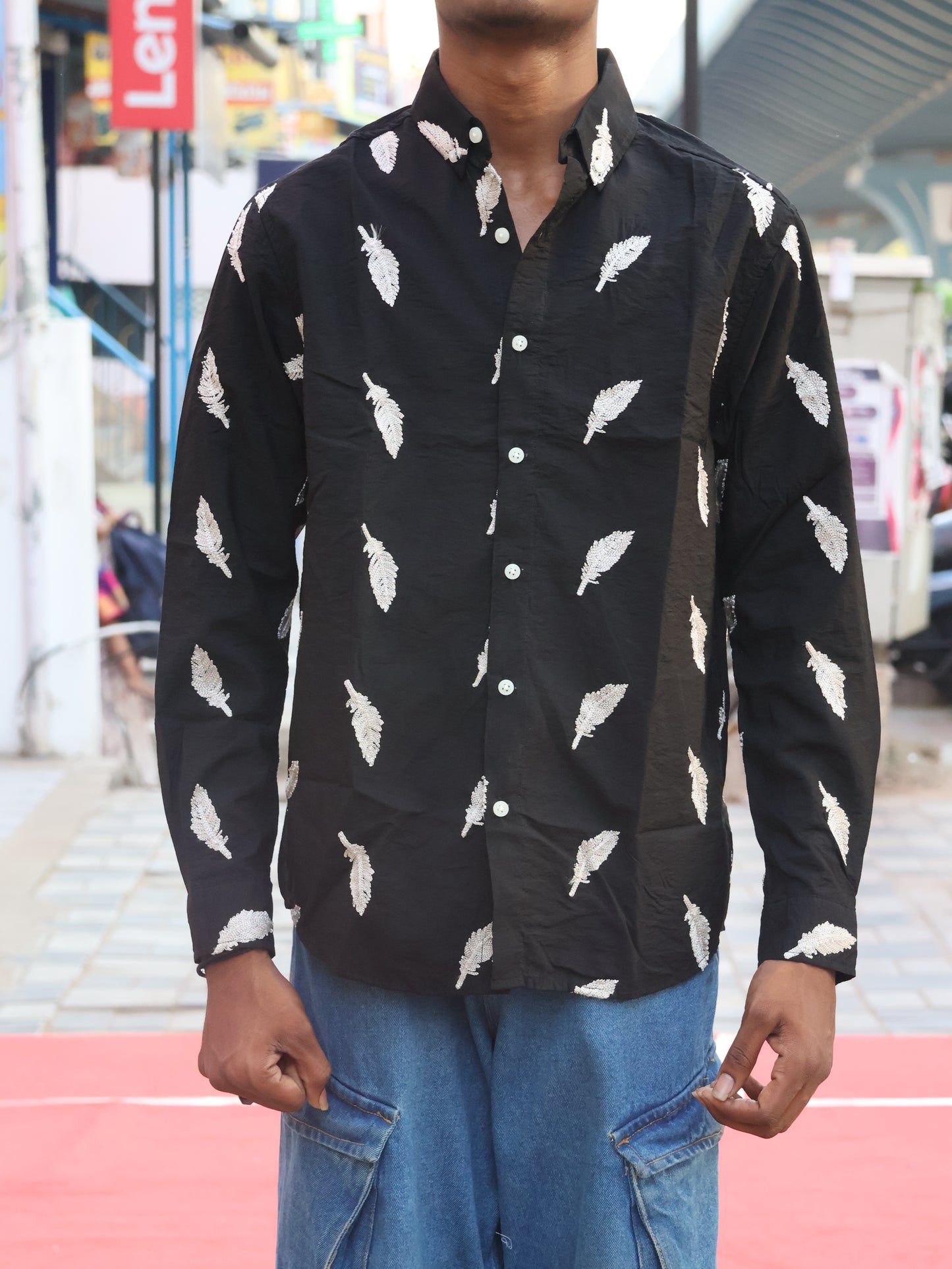 Midnight Feather Embroidered Button-Down