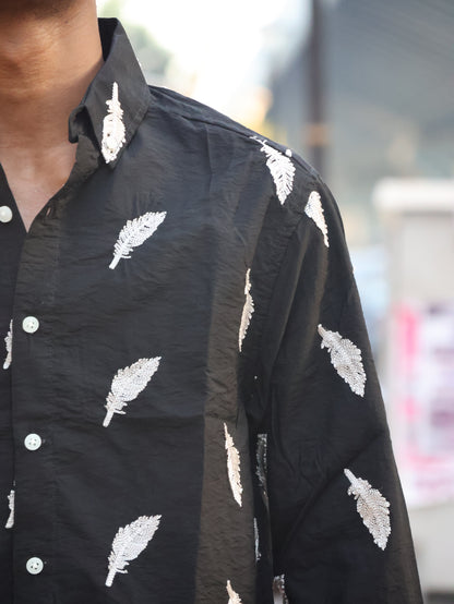 Midnight Feather Embroidered Button-Down