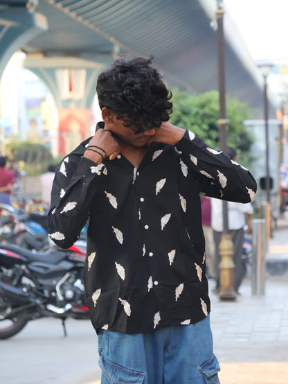 Midnight Feather Embroidered Button-Down