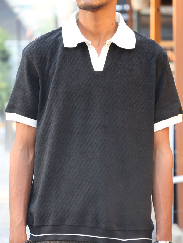 Textured V-Neck Polo | Charcoal & Ivory