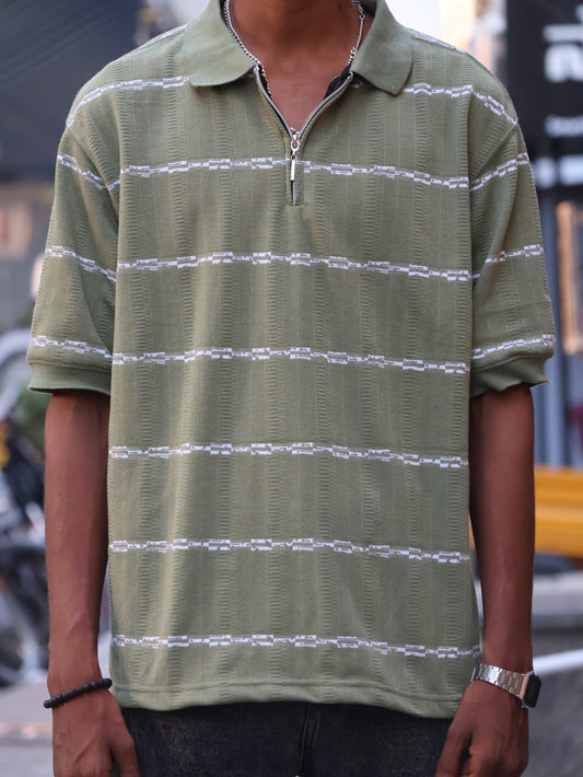 Vintage Sage Textured Zip-Polo