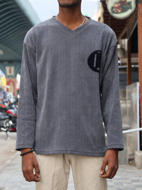 Textured Grey Oversized V-Neck Sweatshirt