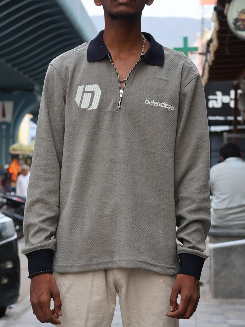 🟤 Textured Zip-Up Polo Sweatshirt