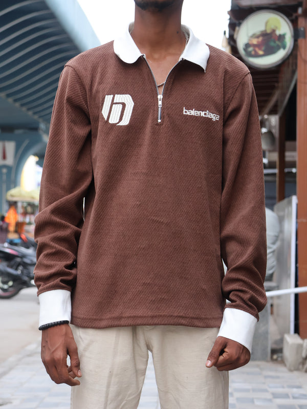 🤎 Textured Brown Zip-Up Polo Sweatshirt