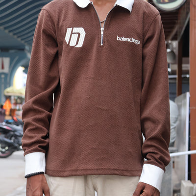 🤎 Textured Brown Zip-Up Polo Sweatshirt