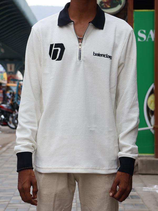 🤍 Textured White Zip-Up Polo Sweatshirt