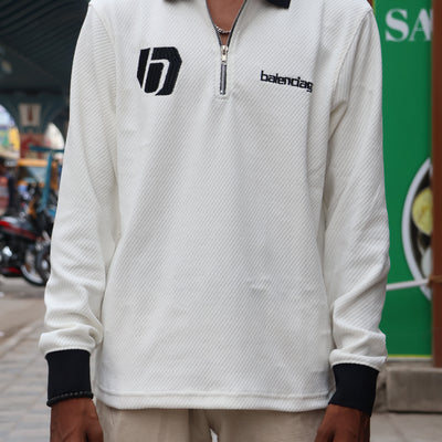 🤍 Textured White Zip-Up Polo Sweatshirt