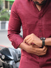 SKRIVOO Premium Maroon linen  Shirt – Slim Fit