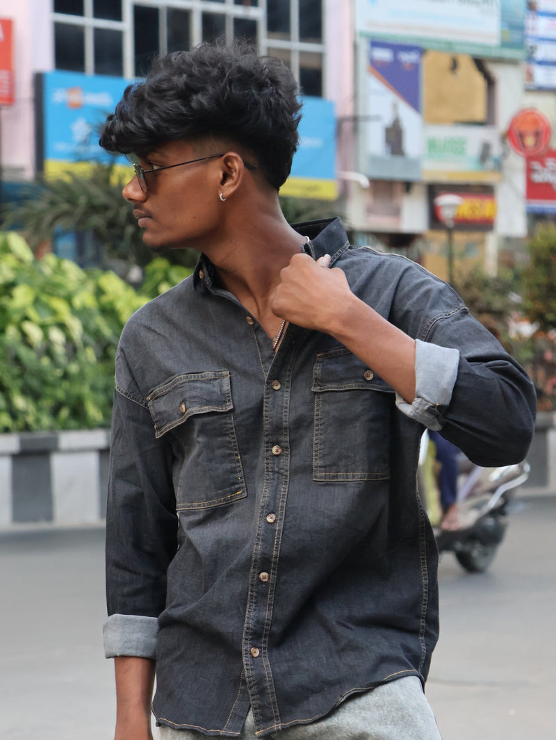 Classic Washed Denim Shirt – Dark Grey